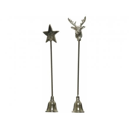 Novelty Candle Care Snuffer. Add a touch of rustic elegance to your candle care routine with this beautiful candle snuffer. Featuring a mix of decorated designs in silver tones, with a star or stag decal option, this snuffer is both functional and stylish