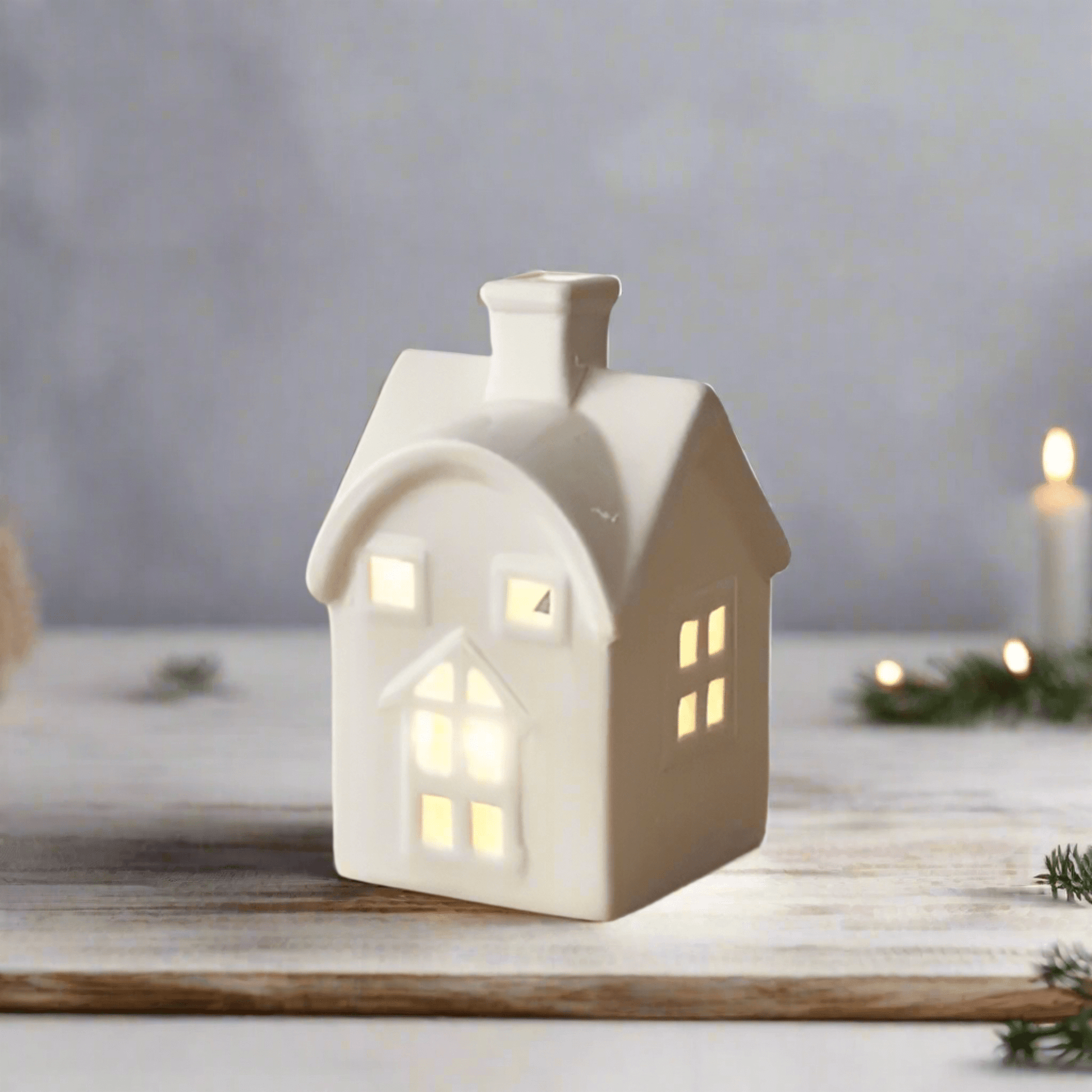 White Ceramic House T-light Holder with Heart Decal. Add a touch of whimsy to your holiday decor. This adorable white ceramic house tealight holder, featuring a charming cut-out heart decal, is the perfect way to bring a touch of festive cheer to your hom