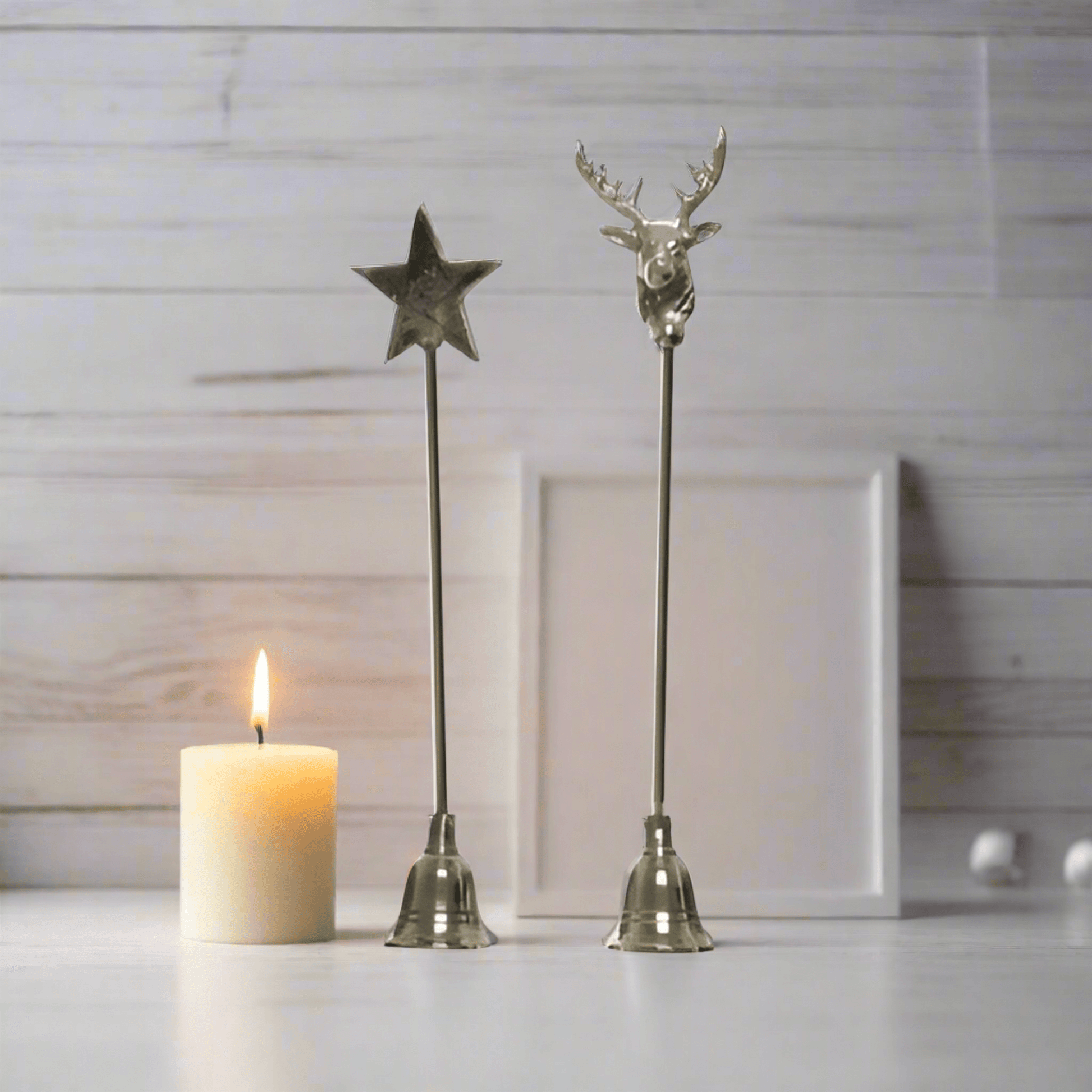 Novelty Candle Care Snuffer. Add a touch of rustic elegance to your candle care routine with this beautiful candle snuffer. Featuring a mix of decorated designs in silver tones, with a star or stag decal option, this snuffer is both functional and stylish