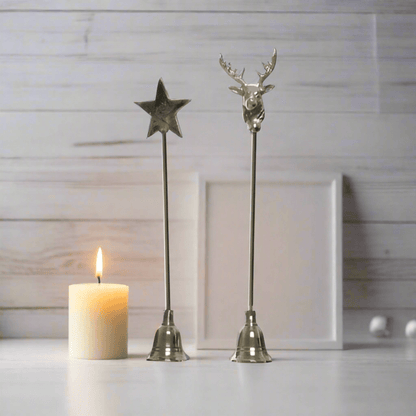 Novelty Candle Care Snuffer. Add a touch of rustic elegance to your candle care routine with this beautiful candle snuffer. Featuring a mix of decorated designs in silver tones, with a star or stag decal option, this snuffer is both functional and stylish