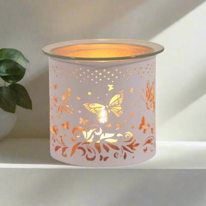 wax melt burner, white & gold with clear glass plate and butterfly design cut out decal